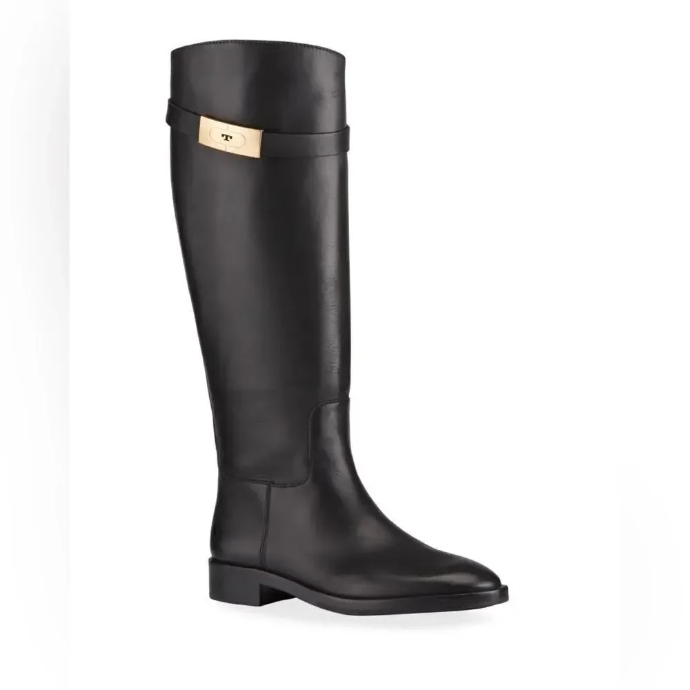 NWOB Tory Burch Calf Leather T-Hardware Tall Riding Boots in Perfect Black sz 6
